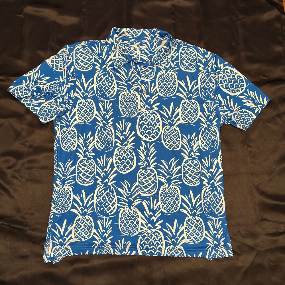 Chubbies Men’s Pineapple Print Polo Shirt – Blue & White – Size Medium